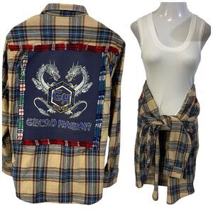 Upcycled Flannel Shirt Womens XL Gecko Dragon Hawaii Shacket Grunge Rock